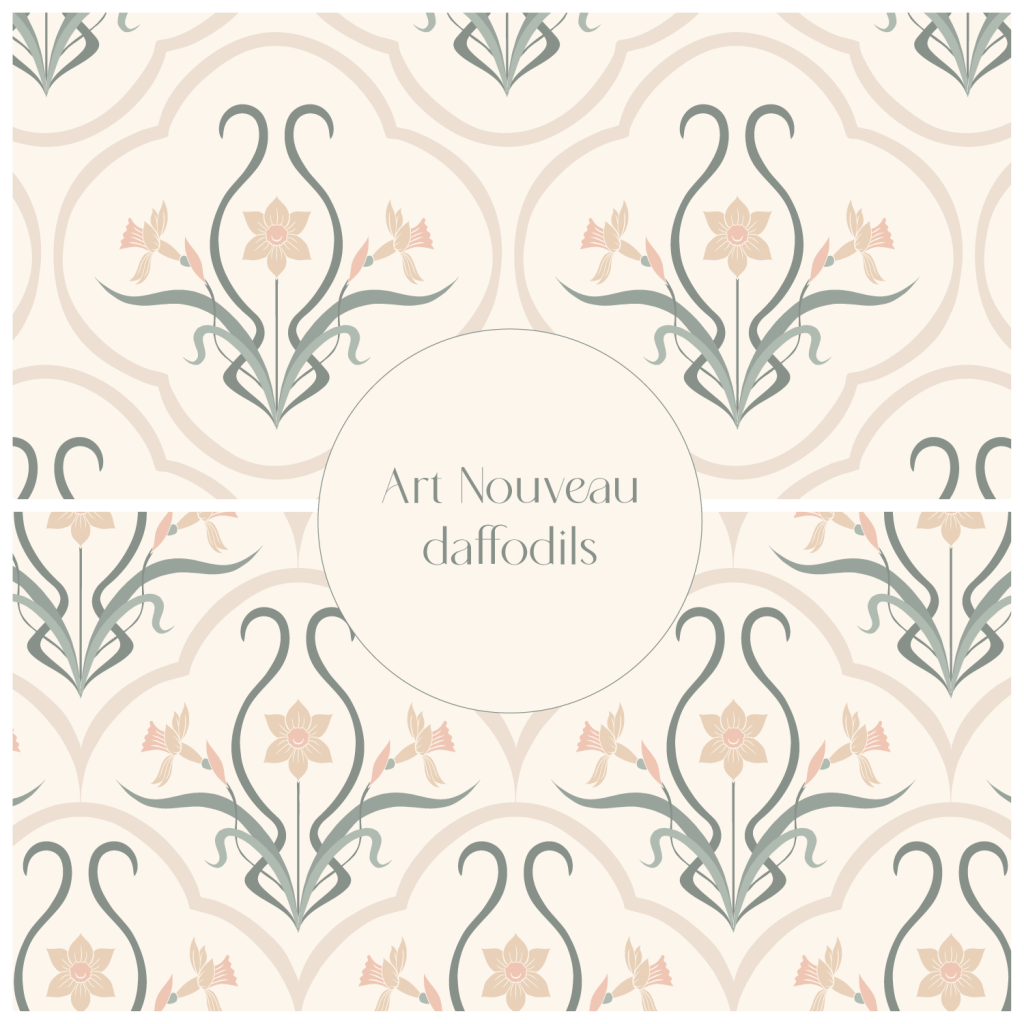 Art Nouveau daffodils pattern in soft blush and sage green tones, with stylized floral motifs by Astrid Blanchard