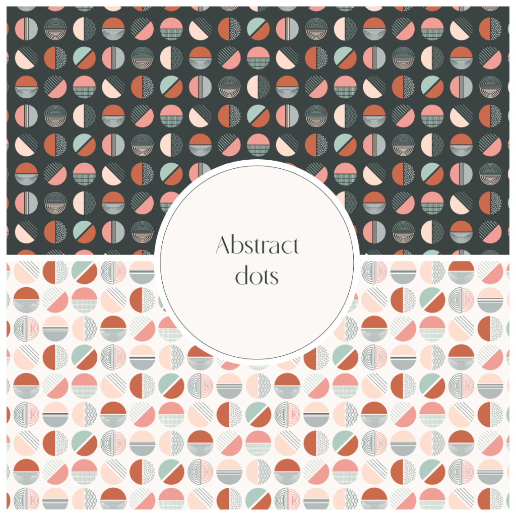 Abstract Dots pattern collection by Astrid Blanchard, featuring light and dark colorways with geometric circular shapes in blush, sage green, rust, and charcoal.