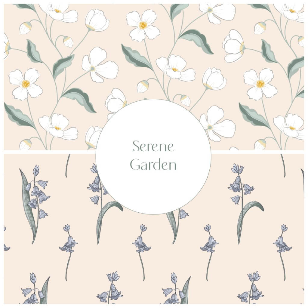 Serene Garden spring floral wallpaper cover featuring white clematis and bluebell prints