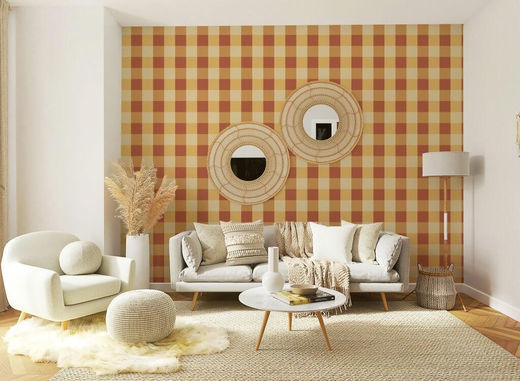 Cozy living room with warm gingham wallpaper and neutral modern decor