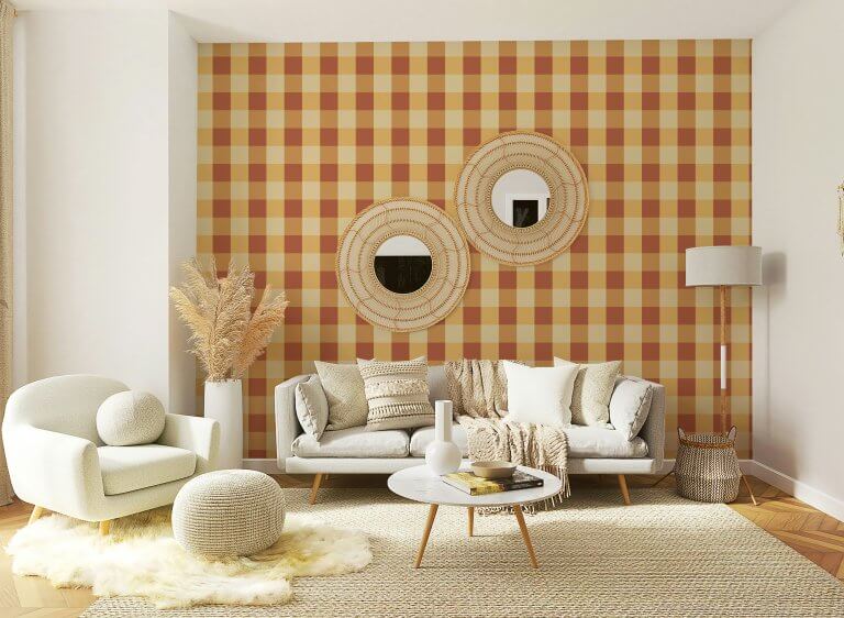 Cozy living room with warm gingham wallpaper and neutral modern decor