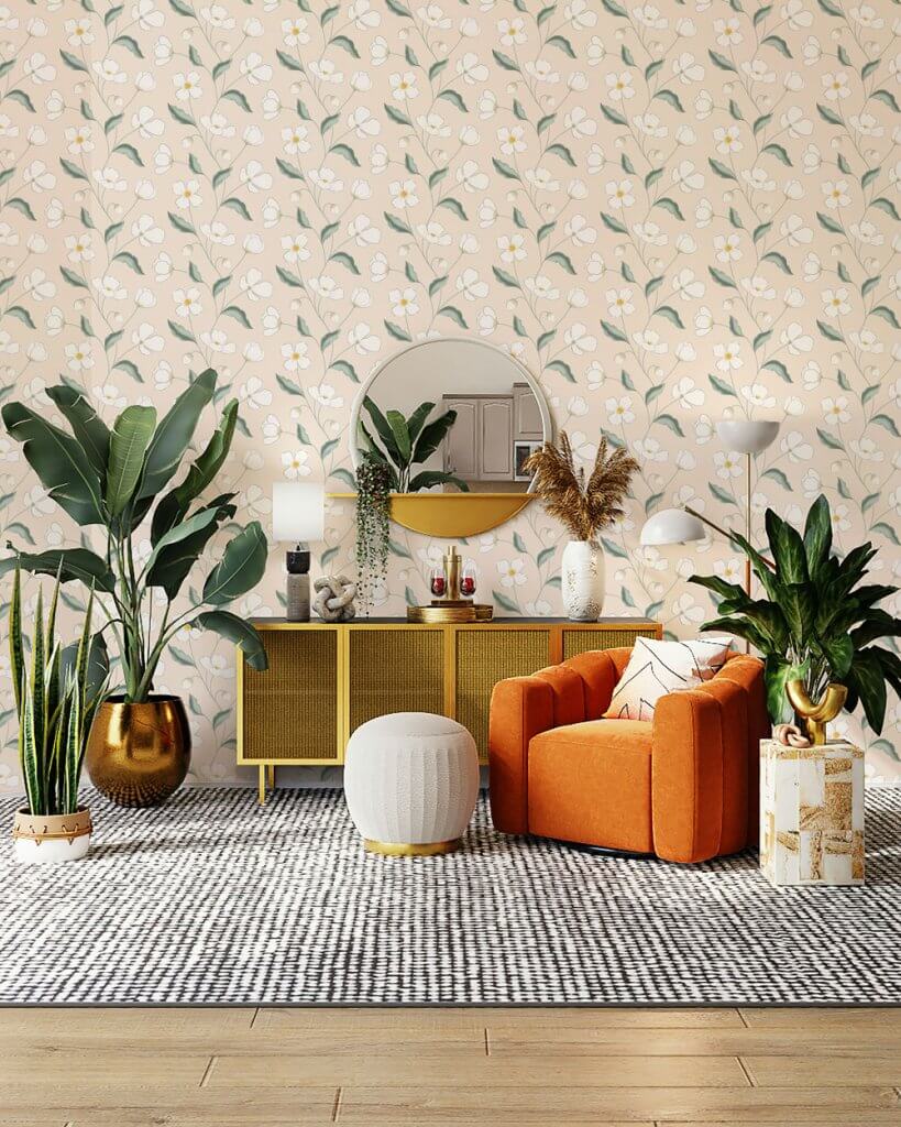 Clematis floral wallpaper mockup in a modern living room with plants, mirror, and warm tones – Serene Garden collection by Astrid Blanchard