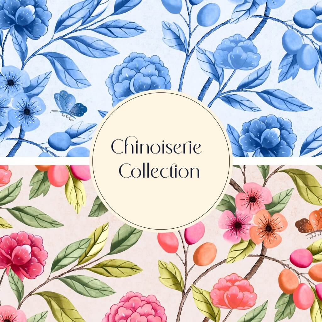 Front cover of Astrid Blanchard’s Chinoiserie Collection featuring hand-drawn blue and pink florals with delicate branches and leaves.