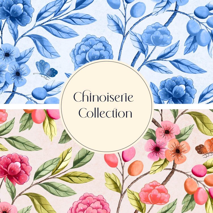Front cover of Astrid Blanchard’s Chinoiserie Collection featuring hand-drawn blue and pink florals with delicate branches and leaves.
