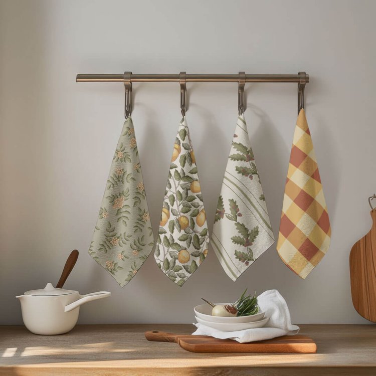 Set of four hanging kitchen tea towels with botanical and gingham patterns in warm autumn tones