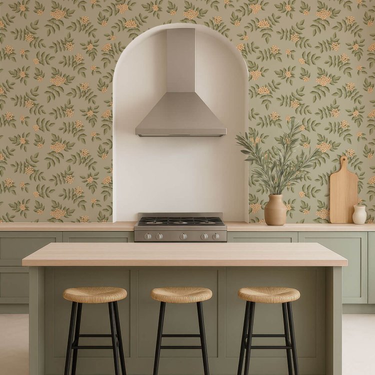 Modern sage green kitchen with arched alcove and botanical rowan berry wallpaper