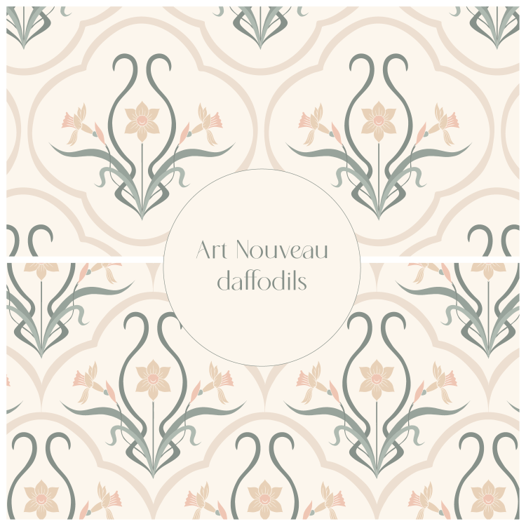 Art Nouveau daffodils pattern in soft blush and sage green tones, with stylized floral motifs by Astrid Blanchard