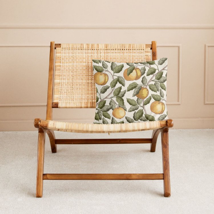 Decorative throw pillow with apple branch pattern on woven lounge chair