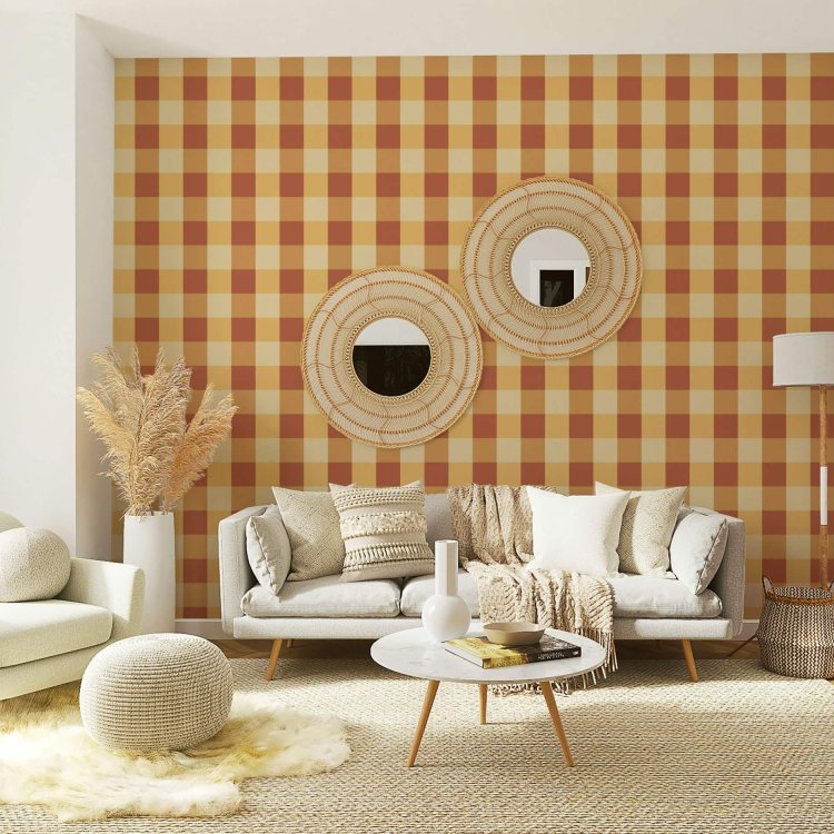 Cozy living room with warm gingham wallpaper and neutral modern decor