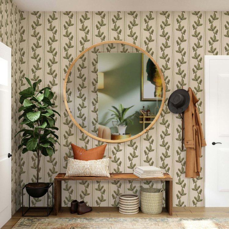 Entryway with vertical oak leaf and acorn wallpaper, wood bench, and round mirror