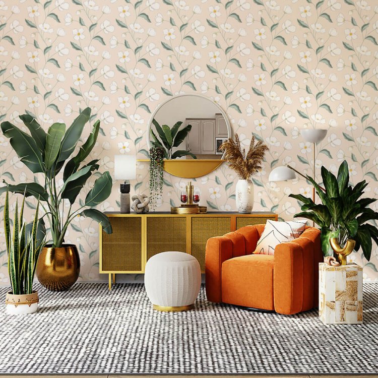Clematis floral wallpaper mockup in a modern living room with plants, mirror, and warm tones – Serene Garden collection by Astrid Blanchard